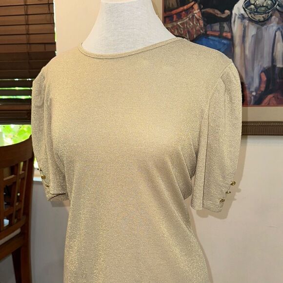 Liz Claiborne Gold Shimmer Puff Sleeve Top w/ Button Embellishments Size Medium - Picture 3 of 11